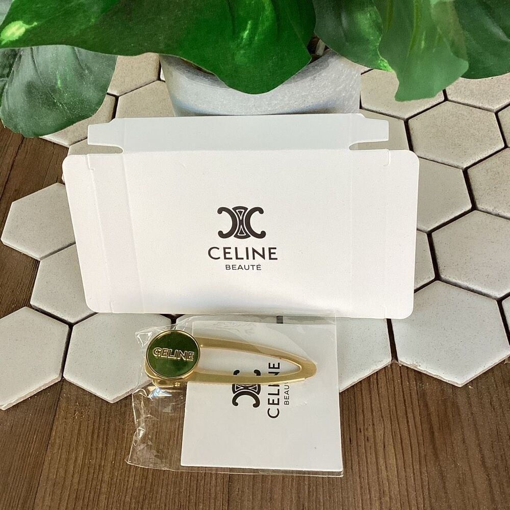 NIB Celine Gold Tone Hair Metal Clip Accessory 3” Snap Hairpin GWP w/ Box